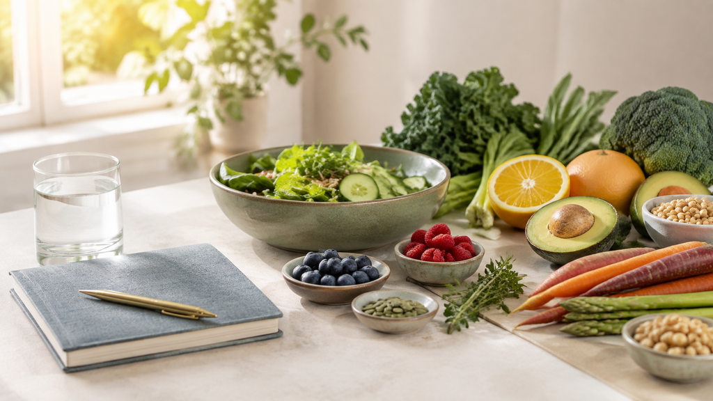 Whole food functional nutrition table with fresh greens, vegetables, berries, healthy fats, water, and wellness journal