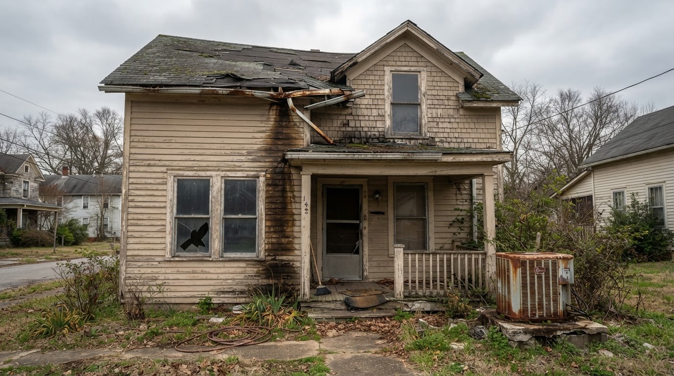 Deteriorating home before: curling roof shingles, rusty HVAC, water stains and cracked windows