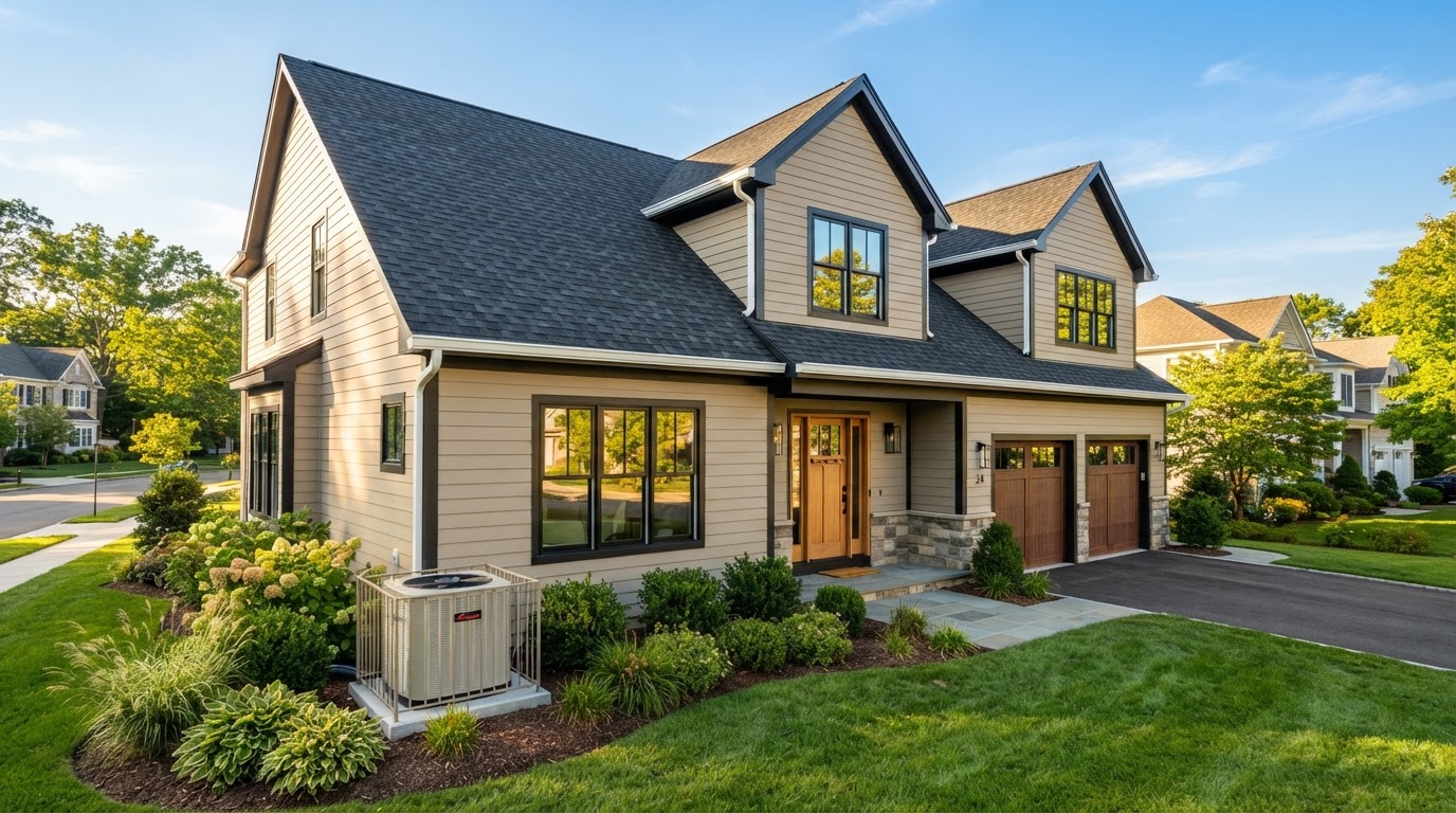 Healthy maintained home after: new roof, clean HVAC, fresh windows and siding in bright sunlight