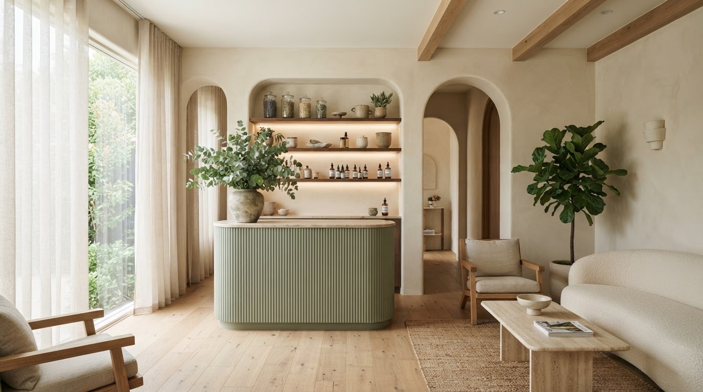 A serene botanical wellness space with eucalyptus, soft light and natural textures