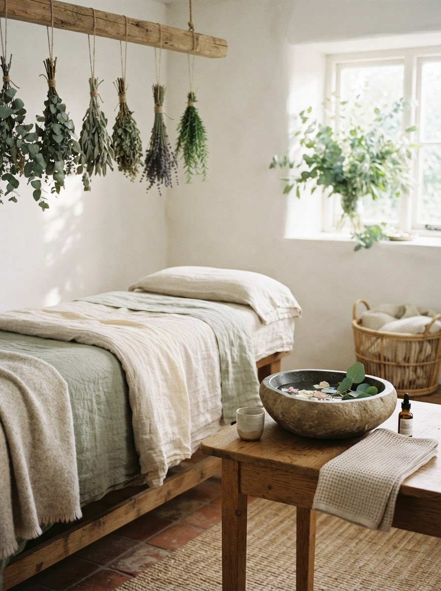 Botanical wellness scene with eucalyptus and soft natural light