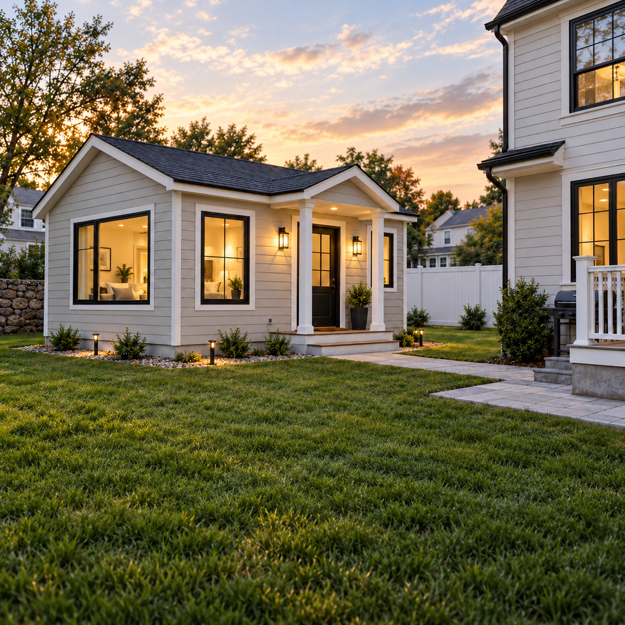 Brand new classic New England style prefab ADU cottage in backyard with covered front porch, columns, and illuminated lawn