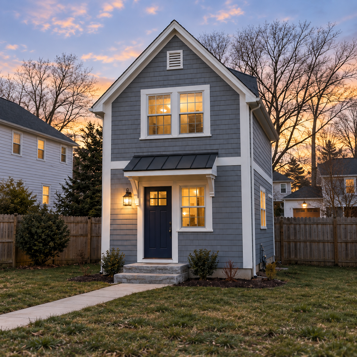 After build: brand-new two-story prefab accessory dwelling unit ADU home with cedar shake siding, navy door, portico, and lit windows at sunset