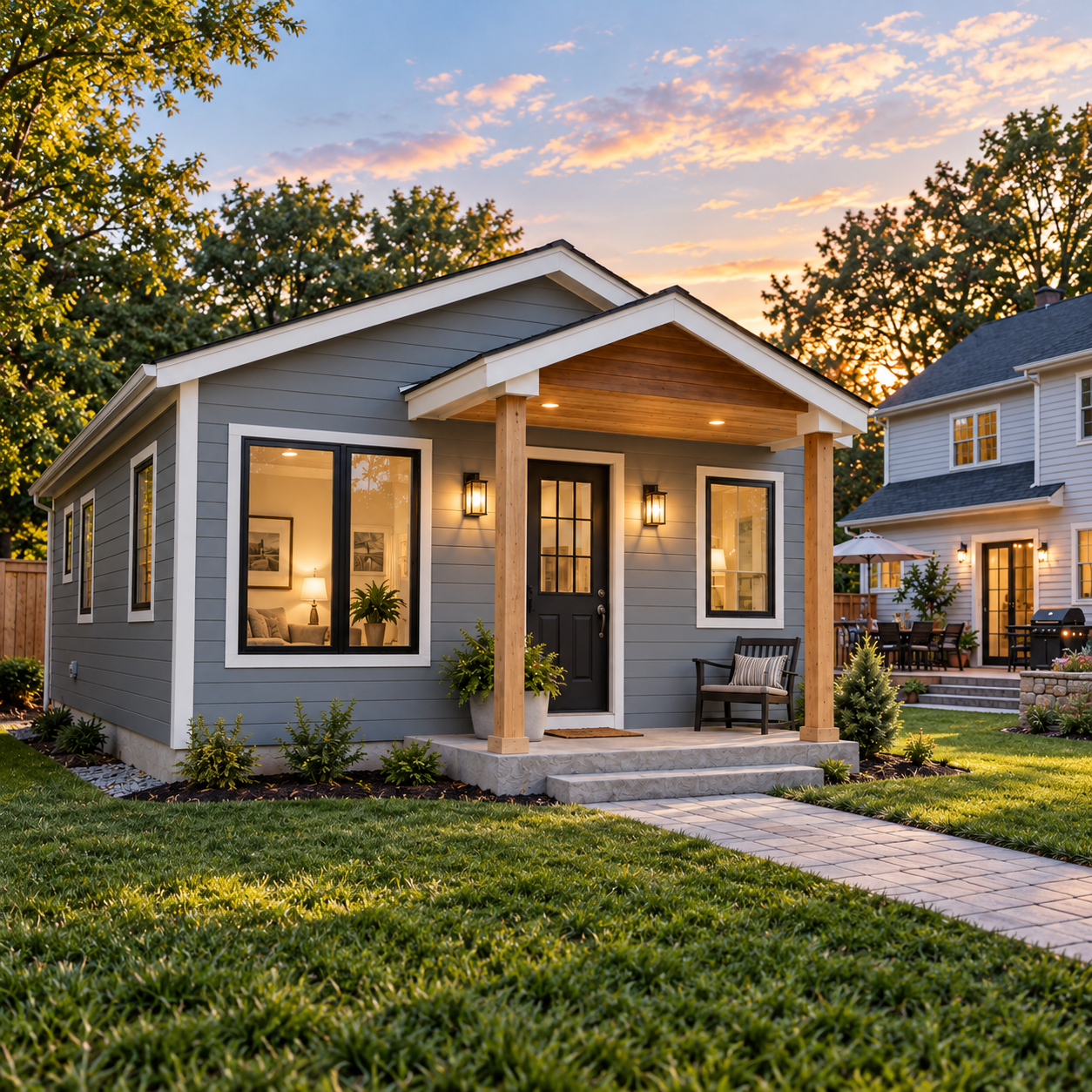 Completed craftsman prefab modular ADU guest house with natural wood portico posts, grey siding, and stone paver walkway