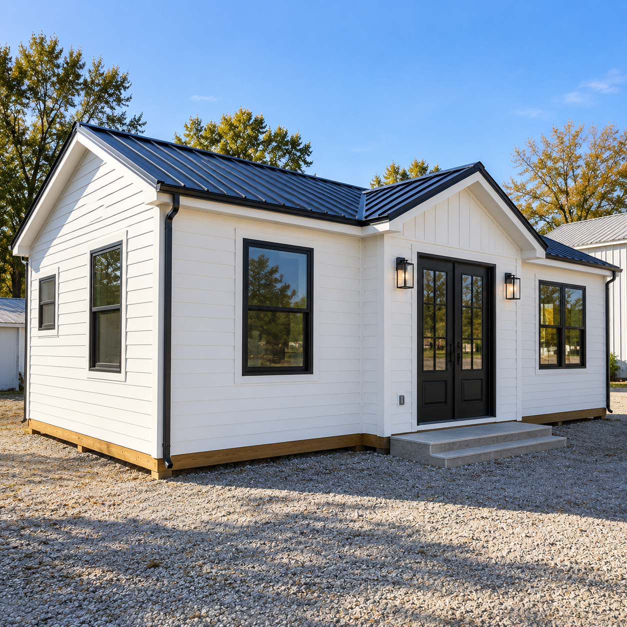 White modern farmhouse style modular prefab ADU with black roof, french doors, and black trim windows