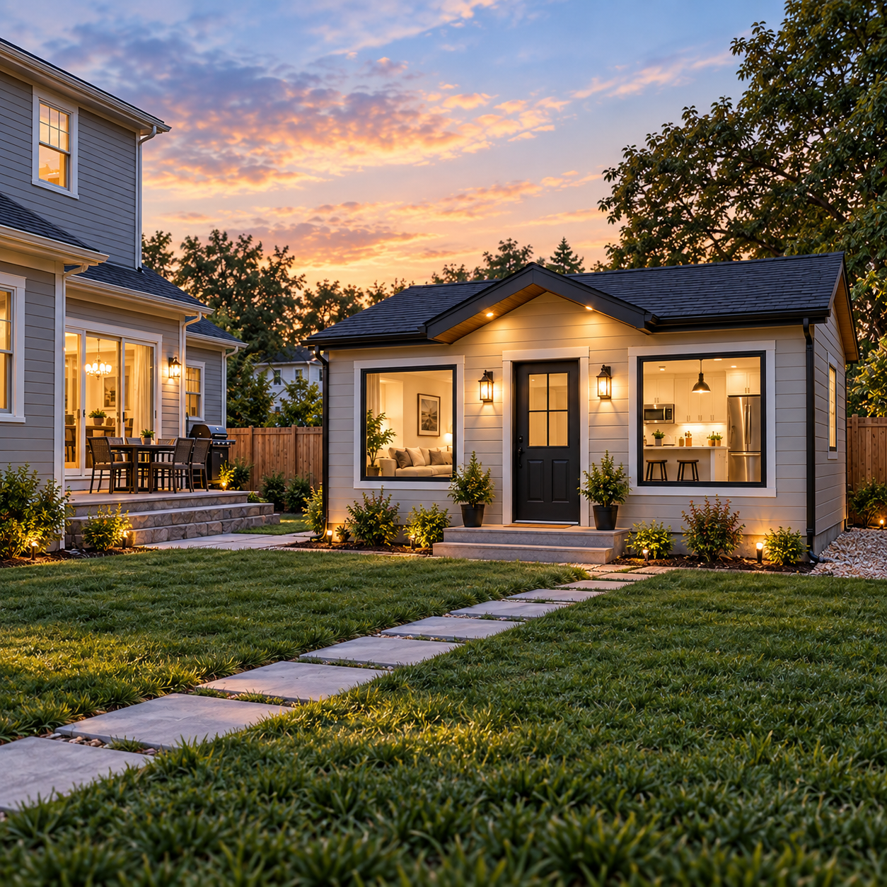 Custom prefab ADU guest home in backyard at sunset with modern windows, lighted entrance, and stone walkway
