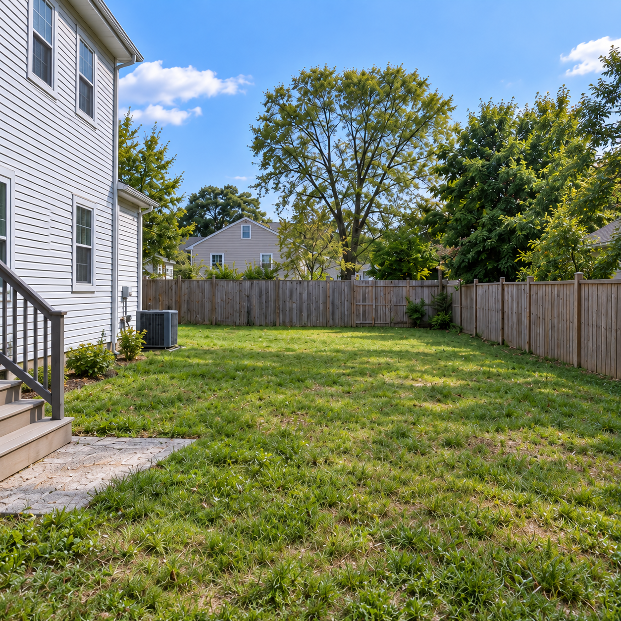 Before build: bare unused backyard lawn prior to prefab ADU installation in a Massachusetts suburban yard