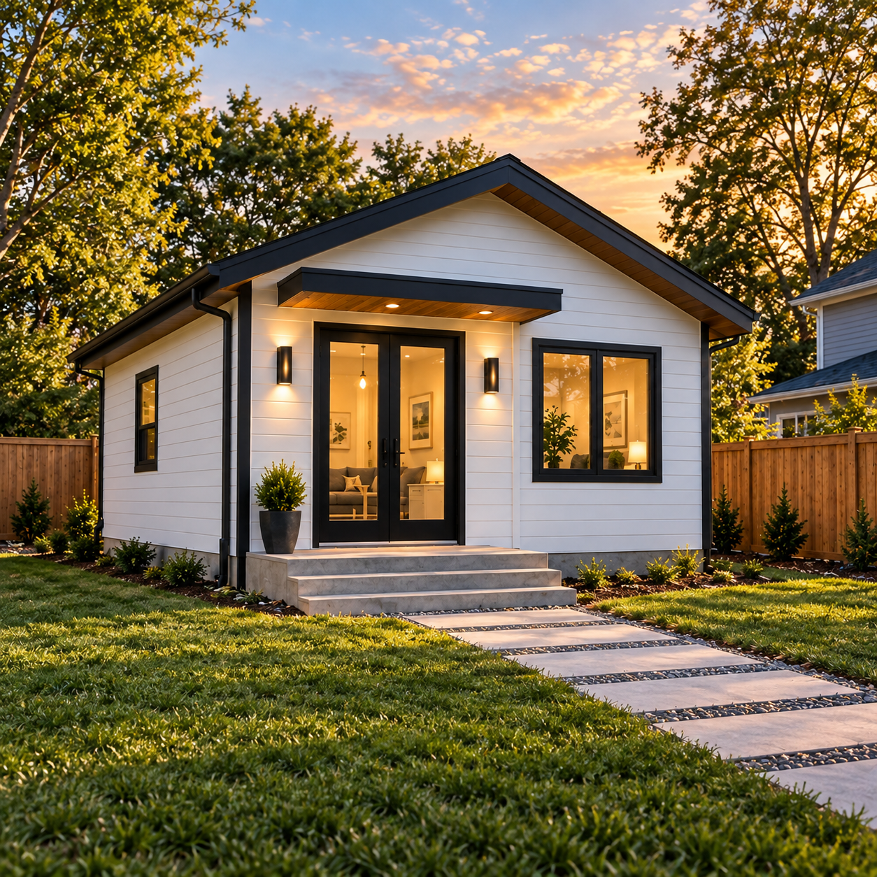 Brand new turnkey modular prefab ADU with modern canopy porch, warm lighting, and manicured backyard lawn