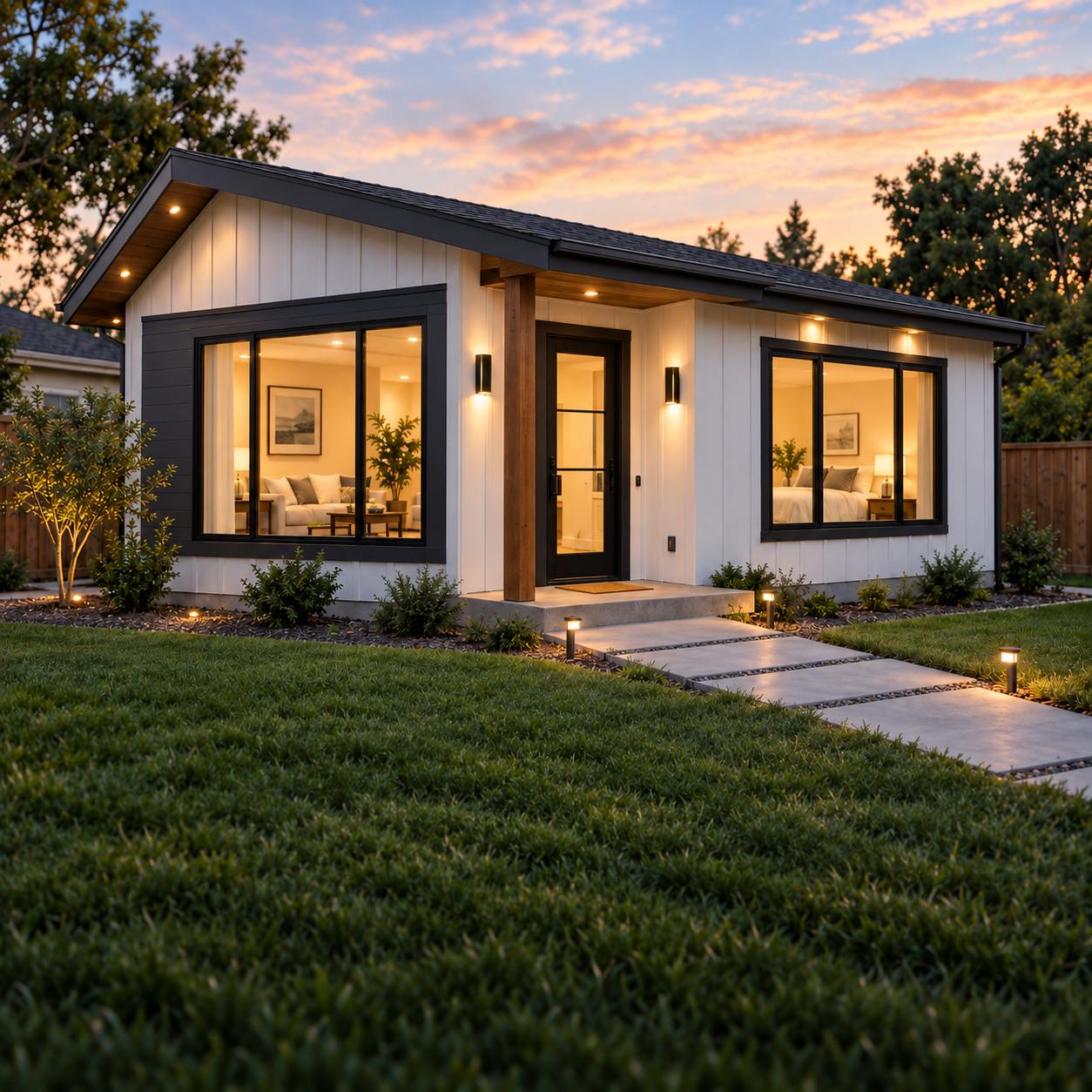 Modern white board and batten prefab modular ADU residence with black windows, warm interior lighting, and lawn pathway