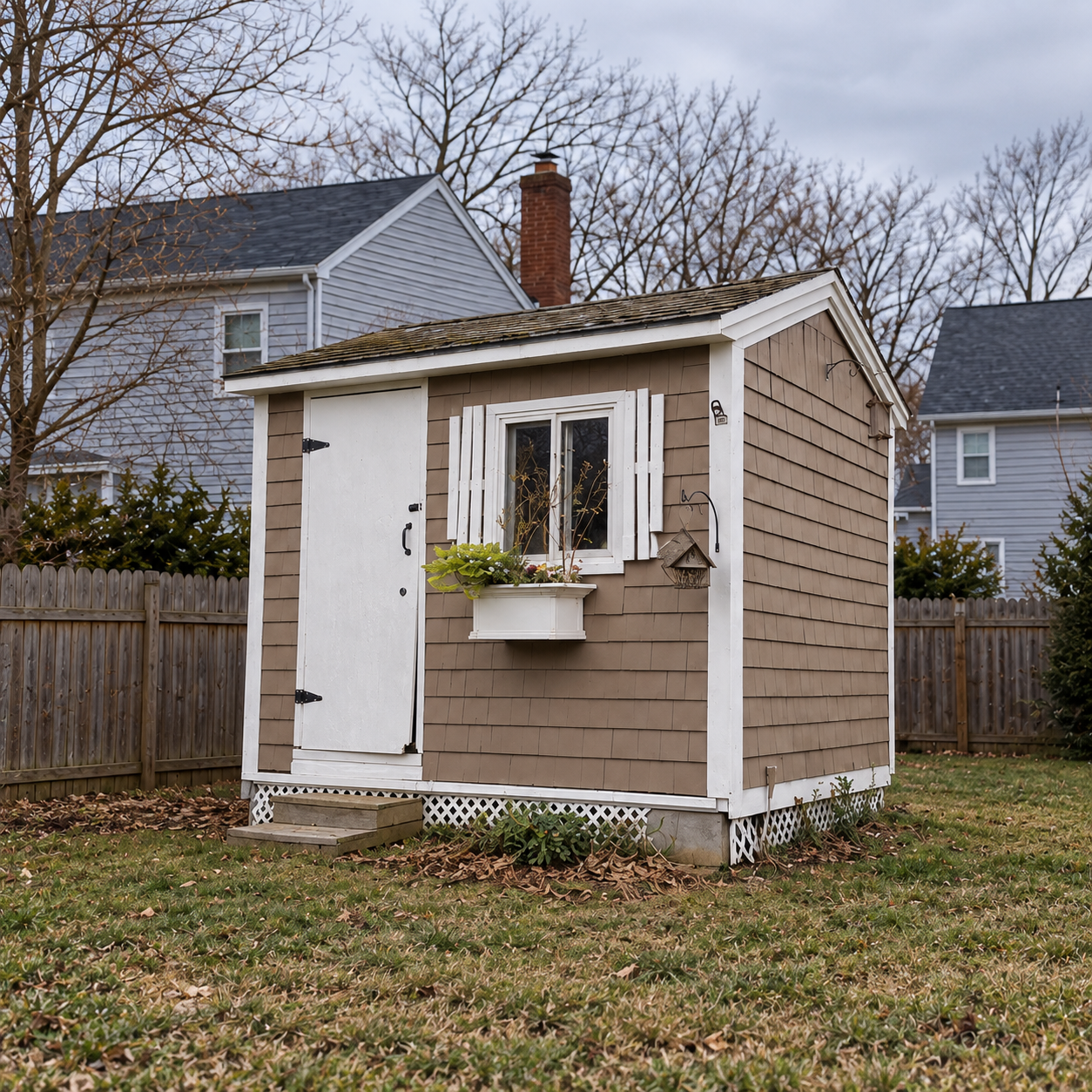 Before build: small wooden backyard shed with weathered shingles and white door in a suburban yard