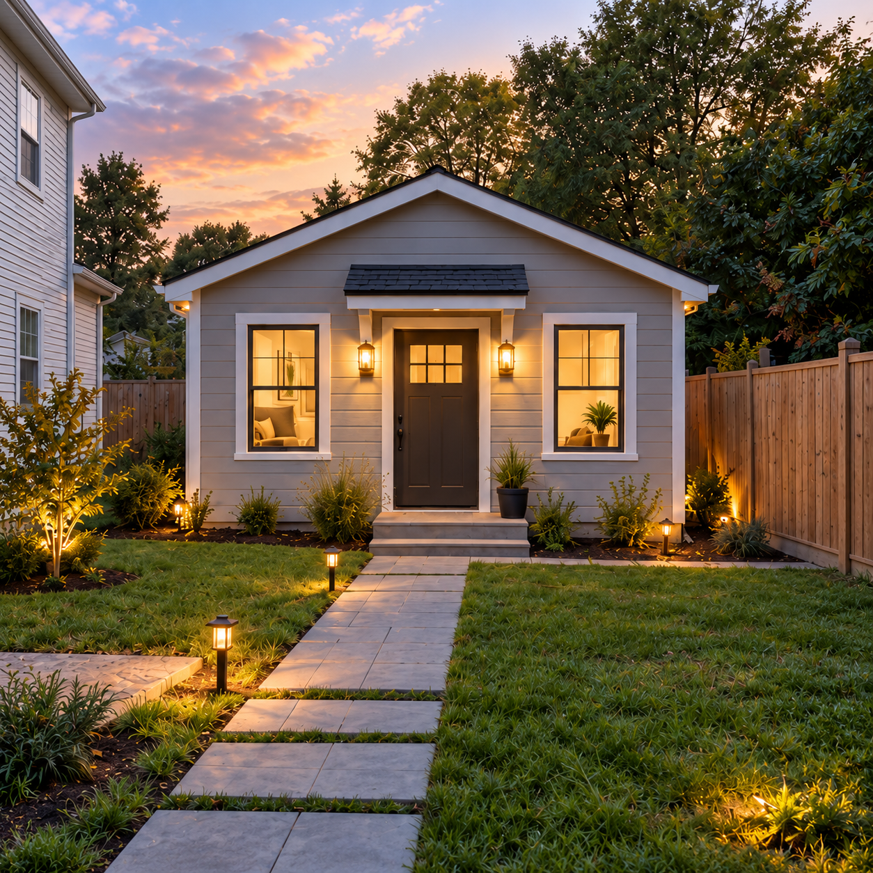 After build: completed custom modular prefab ADU home with portico entry, exterior lighting, modern windows, and paved walkway in backyard