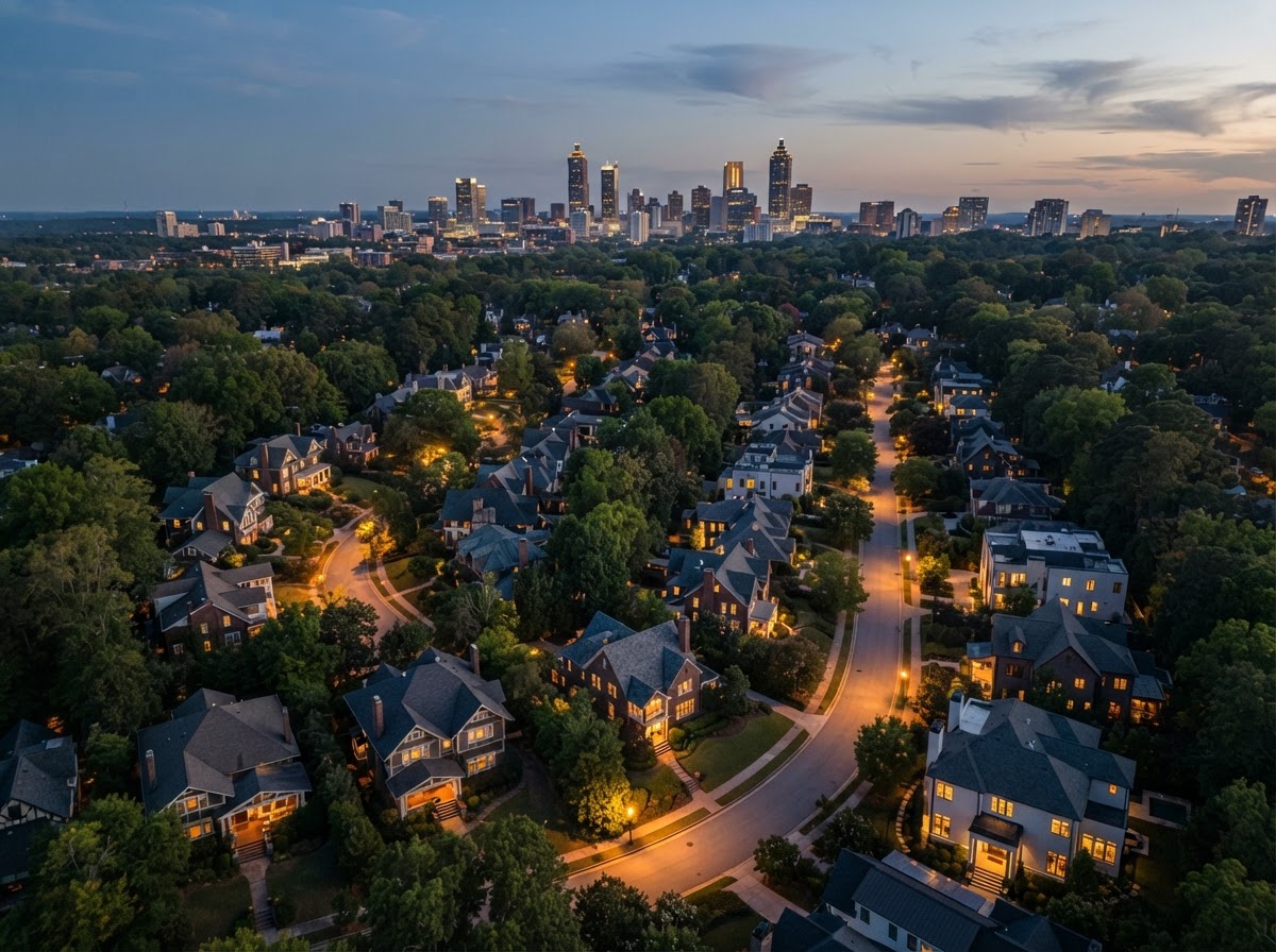 Established Atlanta neighborhood at dusk