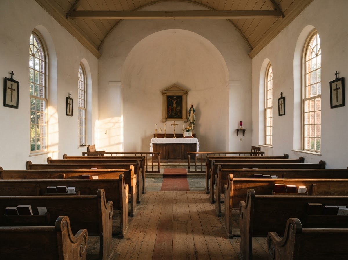 Interior of a historic church in St. Mary's County, Maryland in soft golden light