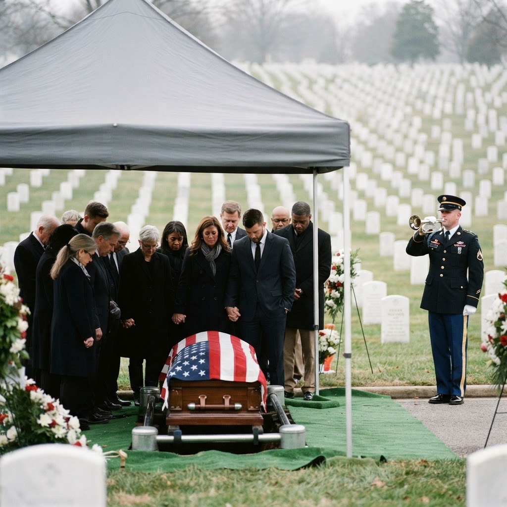 A reverent graveside military funeral service at a national cemetery on a soft overcast day — a flag-draped dark wood casket at the graveside, a group of mourners gathered closely around under a canopy tent including a white couple with clasped hands and bowed heads, and a lone soldier in formal dress uniform playing taps on a bugle with his face clearly visible and turned toward camera, rows of uniform white marble military headstones in the soft-focus distance