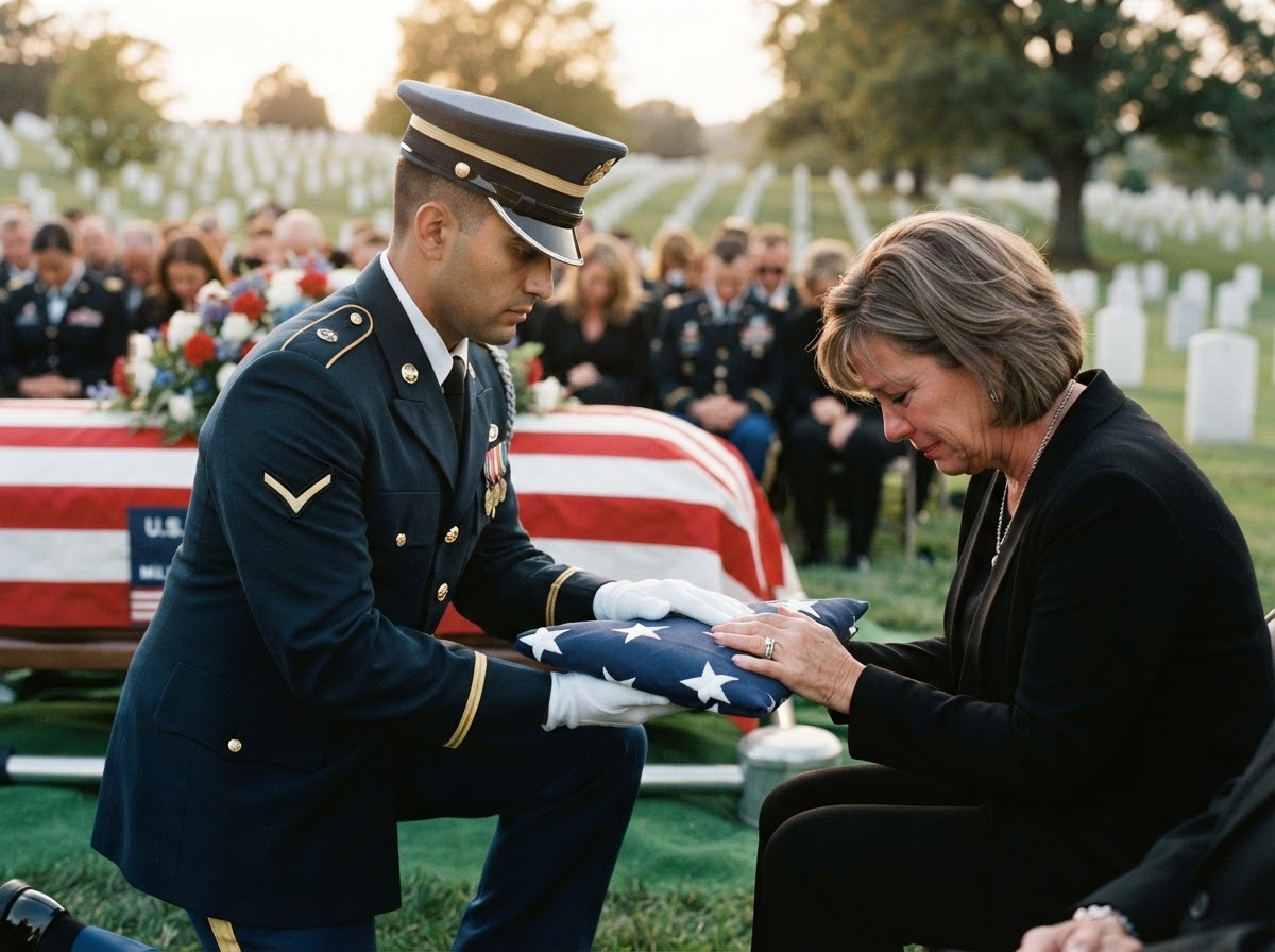 A military honor guard member in dress uniform presenting a folded American flag into the hands of a grieving family member at a graveside burial service, heads bowed, soft golden hour light