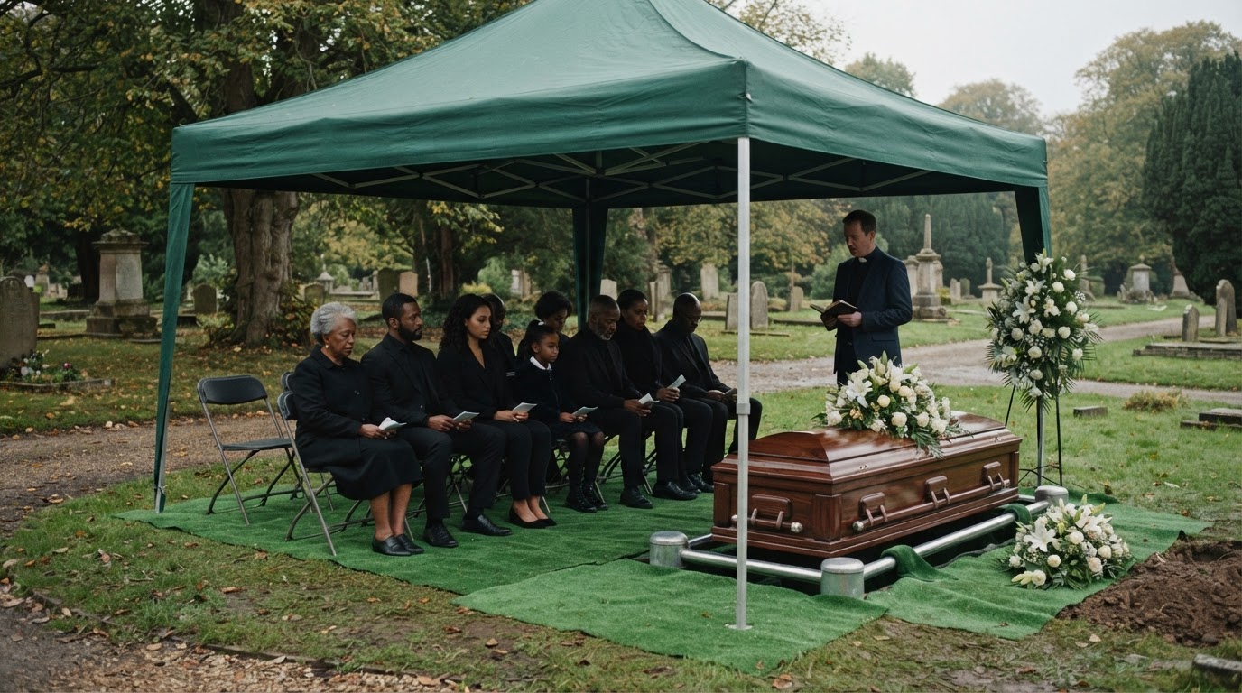 A quiet graveside funeral service beneath a green canopy tent — a dark wood casket at the graveside, a small Black family seated together in two rows of four folding chairs under the tent, soft overcast light