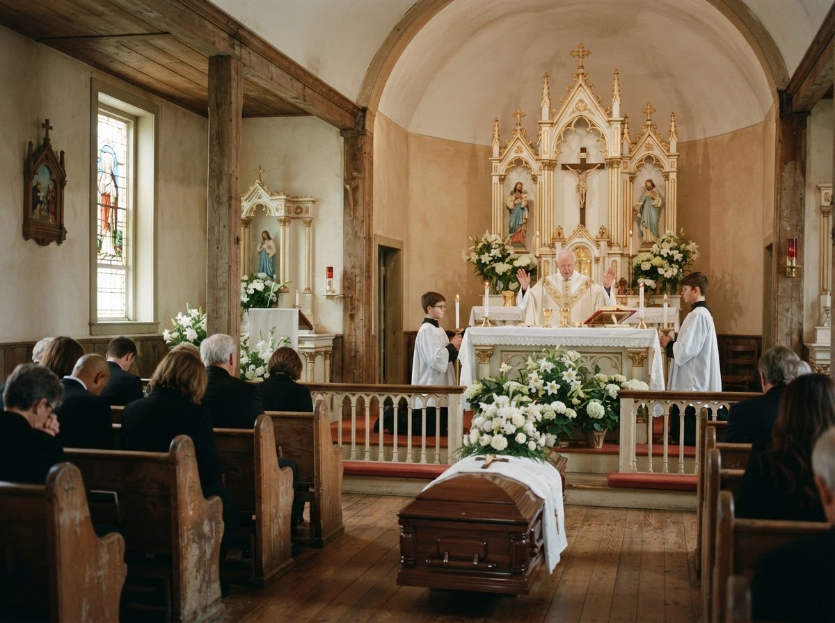 View from the front pew of Sacred Heart Church in Bushwood, Maryland looking toward the altar during a funeral Mass — a Catholic priest in white and gold vestments at the altar, altar servers in white albs, lit candles, white funeral flowers, a dark wood casket near the sanctuary