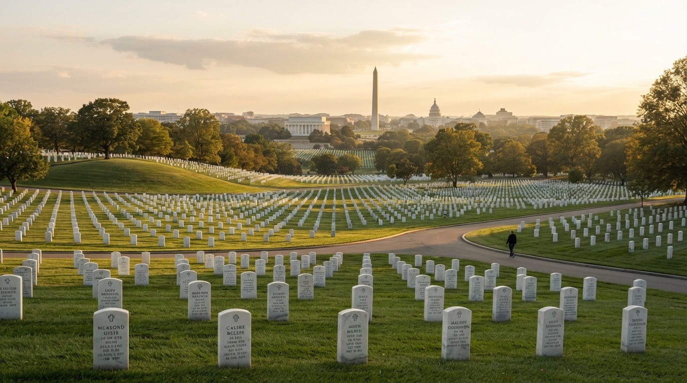 A serene, reverent wide view of Arlington National Cemetery at golden hour — rows of uniform white marble military headstones stretching in precise lines across rolling green hills, an American flag at half-staff in the soft distance