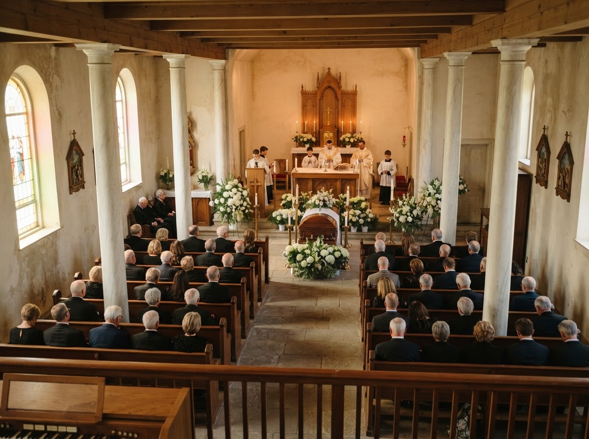 View from the choir loft of Sacred Heart Church in Bushwood, Maryland during a funeral Mass — the nave below filled with mourners, pale stained-glass light falling across the stone floor, a dark wood casket before the altar with white flowers and greenery