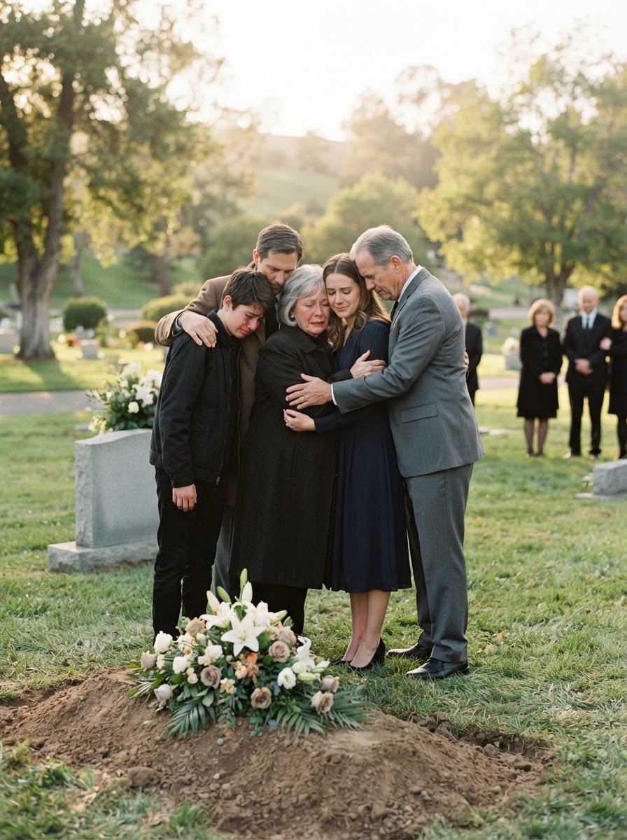A white family embracing and comforting one another at a graveside burial service, soft golden hour light