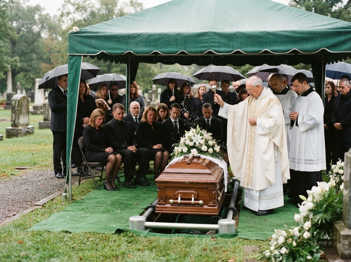 A Catholic graveside committal on a soft rainy day beneath a green canopy tent — a Catholic priest in white vestments beside a dark wood casket, two deacons flanking him, the priest blessing the casket with holy water from an aspergillum, gatherers brought in close around the tent with bowed heads and dark umbrellas, soft muted rain light