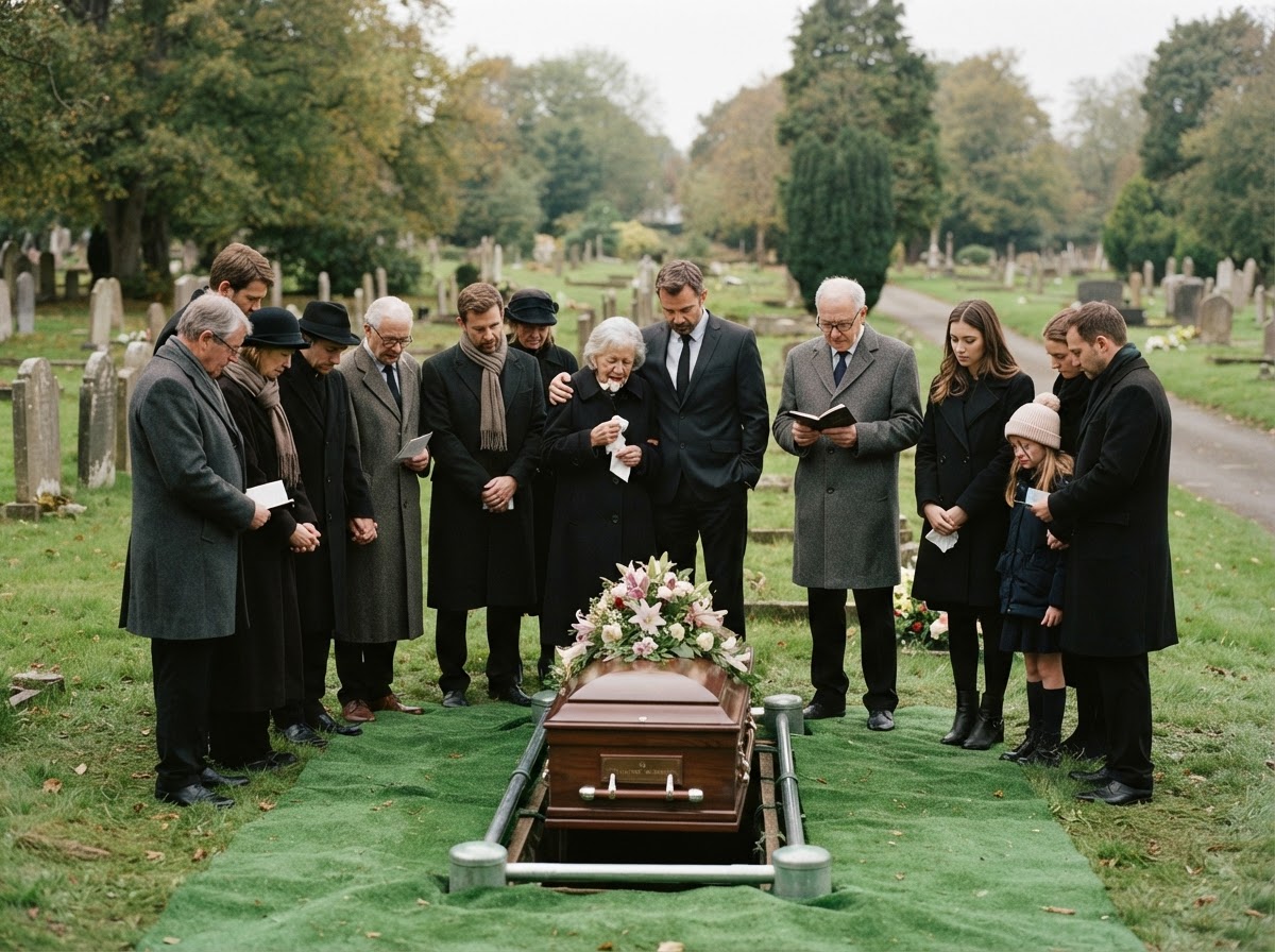 A white family gathered in a quiet semicircle around a casket at a graveside funeral service in a green cemetery, soft overcast light