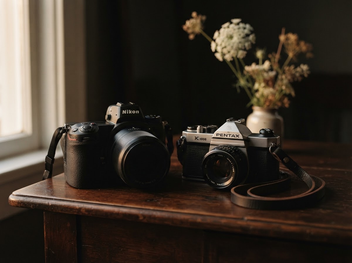 A reverent still life of two cameras resting together on a dark polished wooden table — a modern Nikon Z6 II mirrorless camera beside a vintage silver Pentax K1000 film camera — in warm golden-hour light