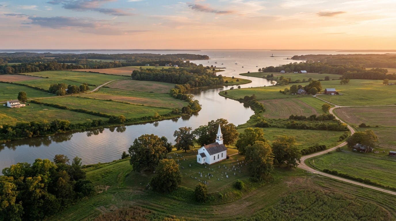 A serene view of Southern Maryland at golden hour — calm Chesapeake tributaries and a quiet country church