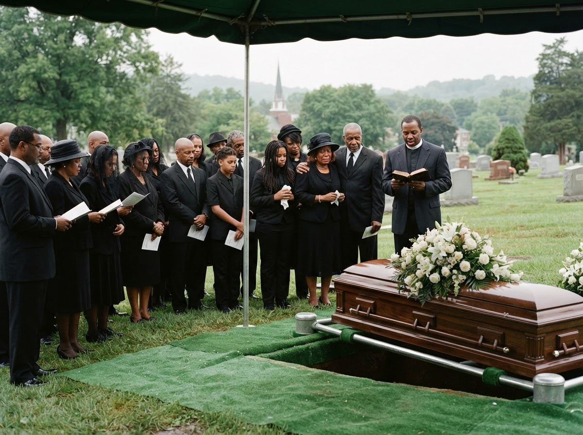 An African American family gathered at a graveside funeral service in a green cemetery under soft overcast light