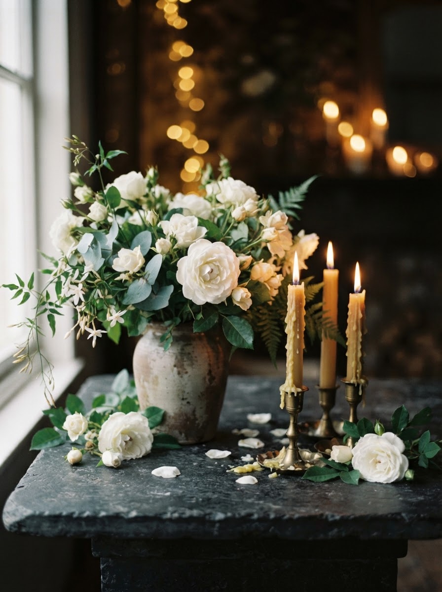 White roses and candles on a dark stone surface