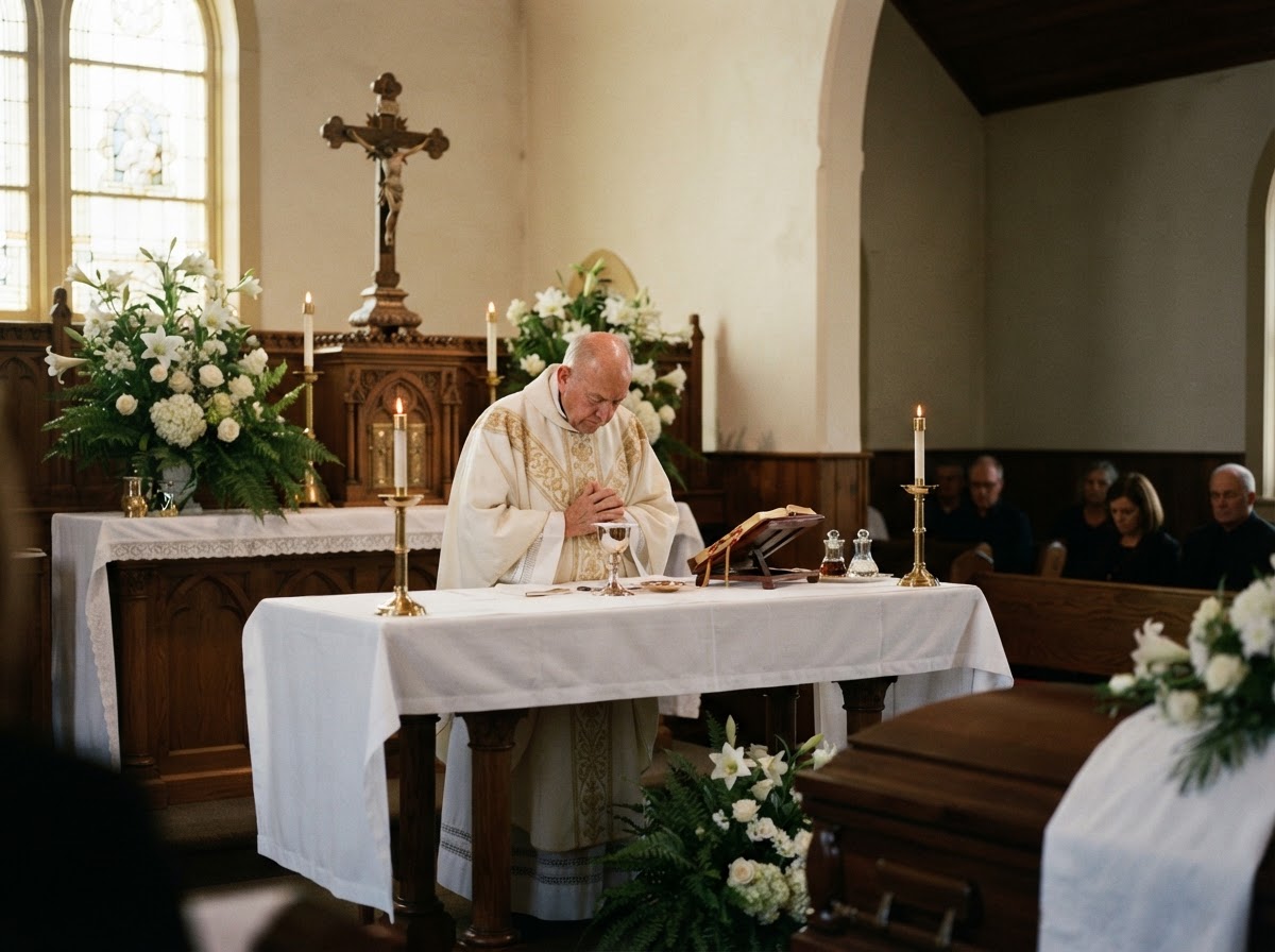 A Catholic priest on the altar at Sacred Heart Church in Bushwood, Maryland during a funeral service — head bowed in prayer, hands folded over the chalice, lit altar candles, white flowers and ferns, soft stained-glass light across the sanctuary