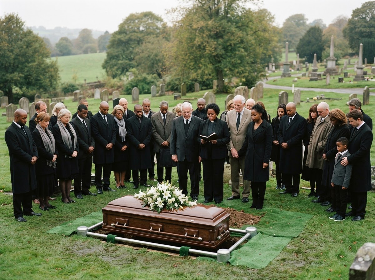 A mixed gathering of Black and white family members standing together in a semicircle at a graveside service in a green cemetery