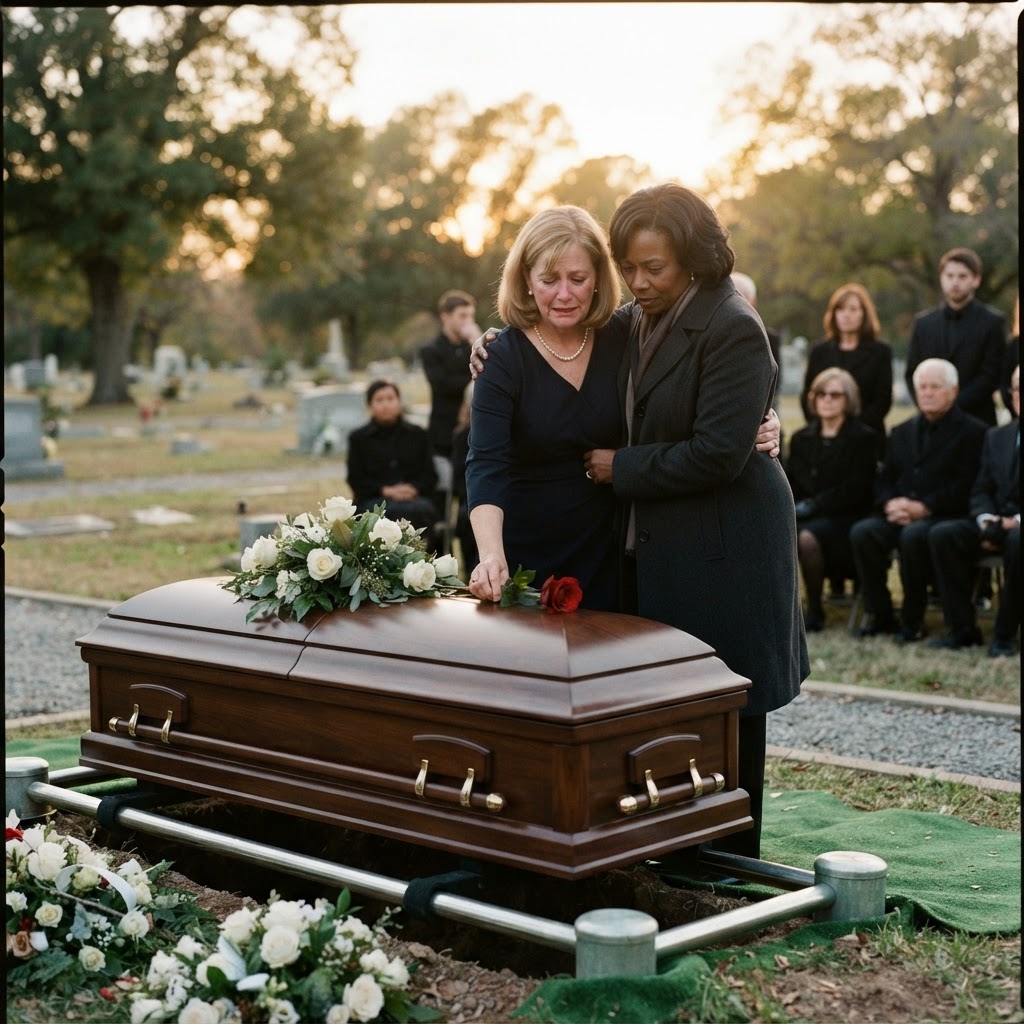 A white family member laying a single rose on a dark wood casket while a Black relative stands close beside in support, soft golden hour light