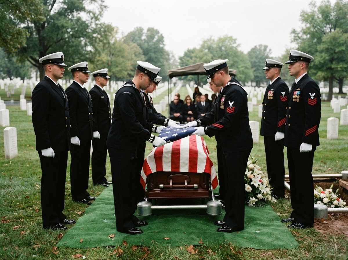 A military funeral honor guard in dress uniforms ceremonially folding the American flag over a flag-draped casket at a graveside burial service