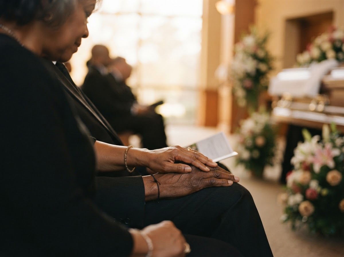 A woman's hand gently holding and comforting a Black person's hand in soft golden light at a graveside service