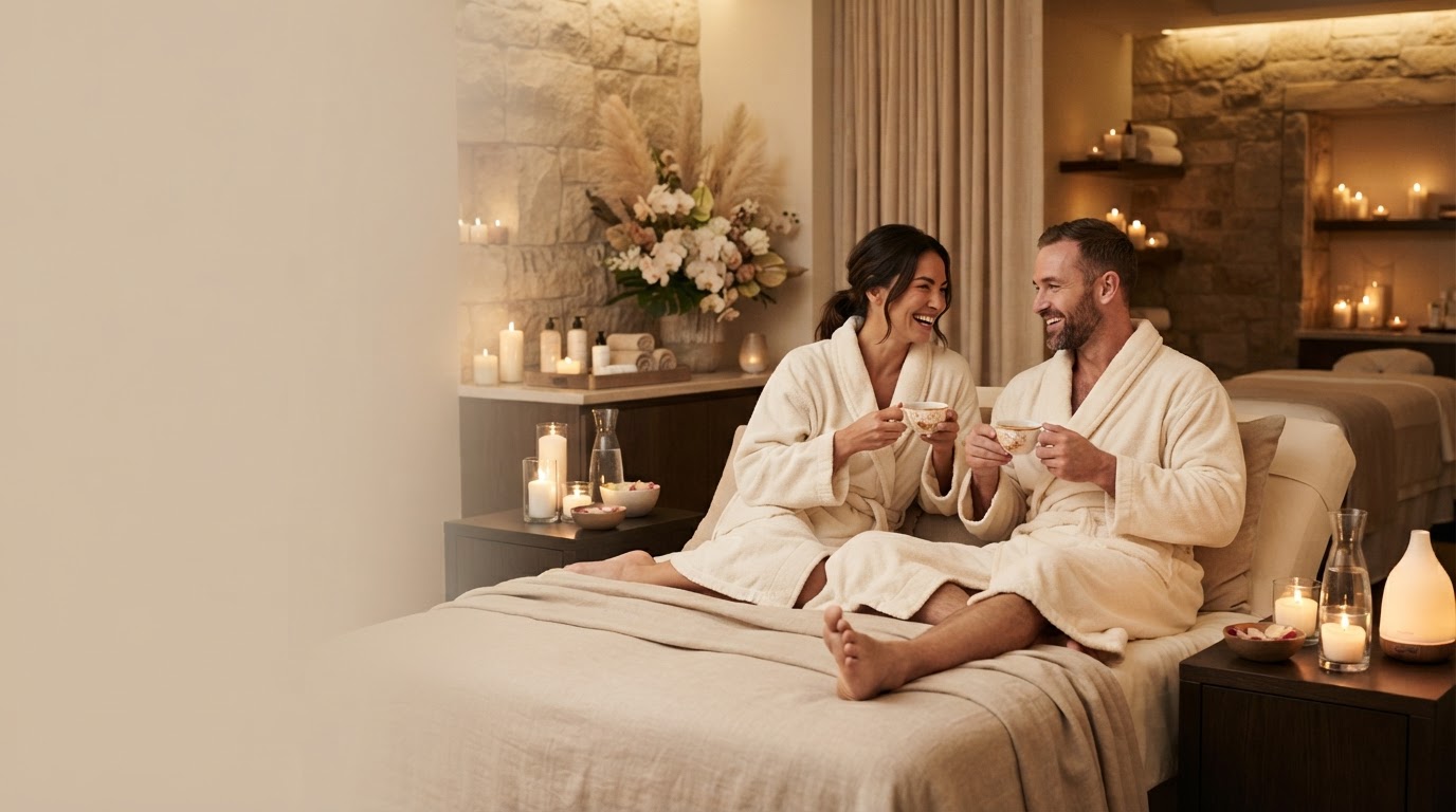 A couple relaxing together in a luxury spa setting with warm romantic lighting