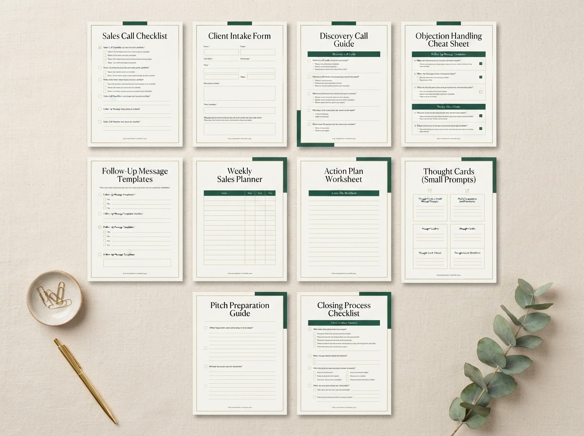Digital resources for your sales practice, arranged as printable worksheets and checklists on a warm ivory surface.