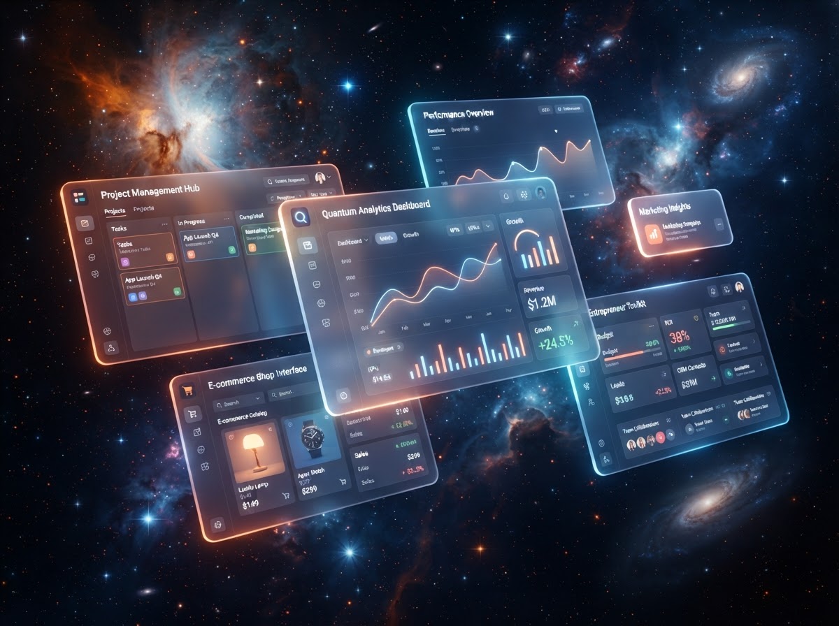 A professional business and productivity app showcase floating as glass cards in cosmic space