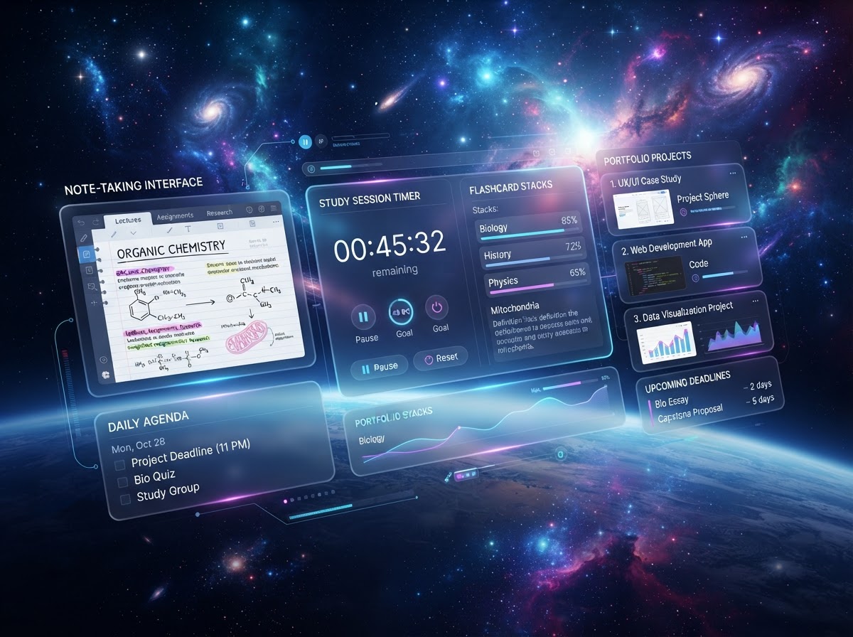 A sleek modern study and productivity dashboard floating as glass cards in cosmic space