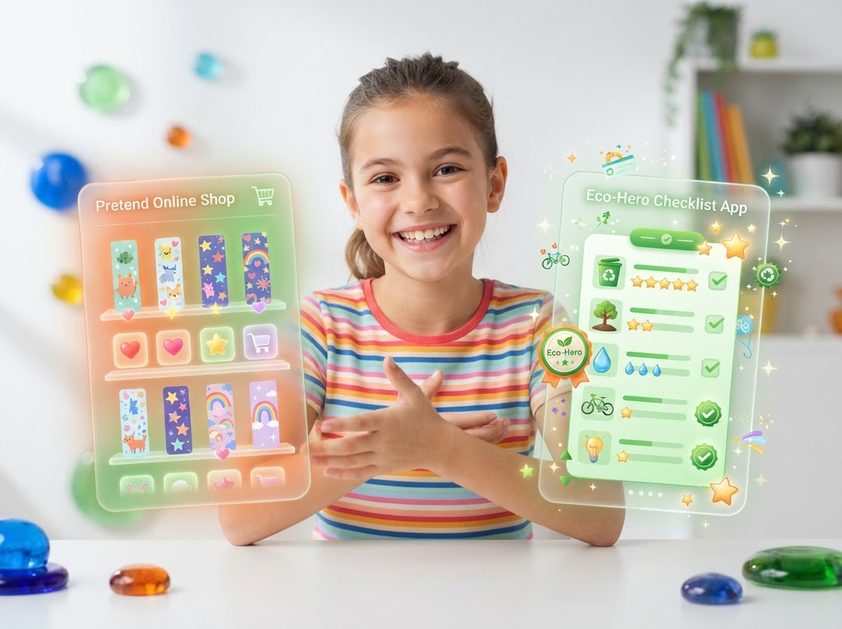 A classroom of children presenting school quizzes, eco-hero challenges and pretend shops as glossy glass flashcards