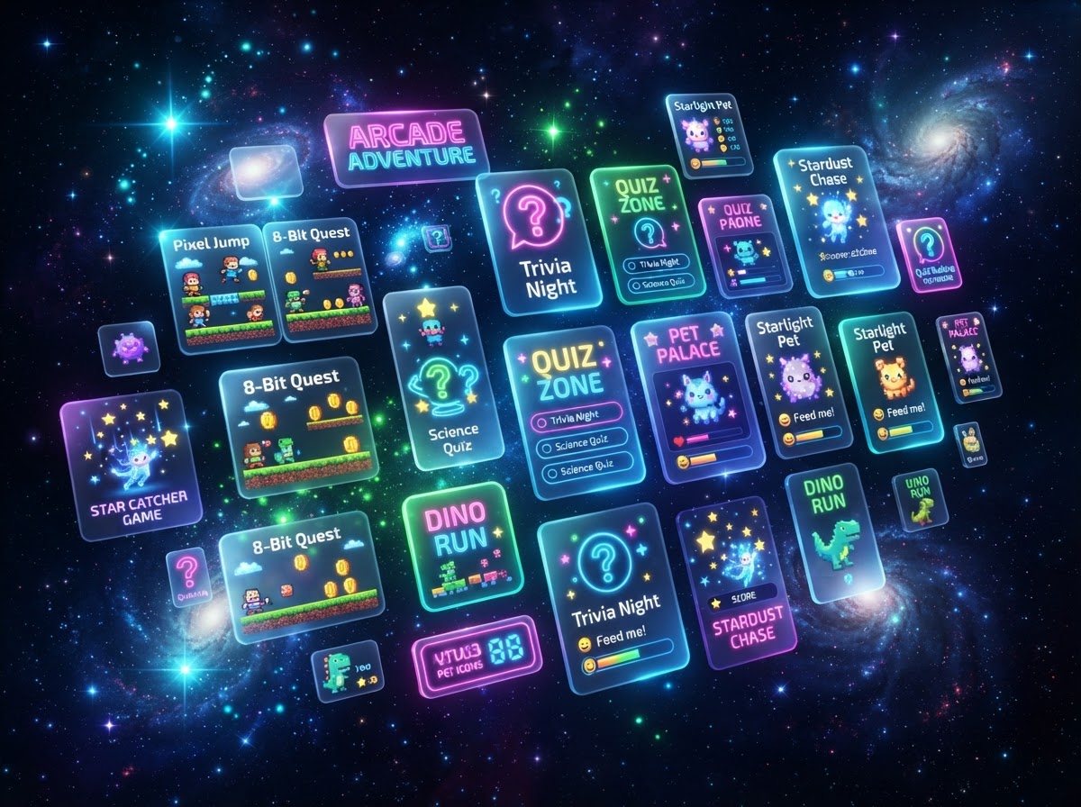 A vibrant collection of mini-games and quizzes shown as glossy glass cards floating in cosmic space