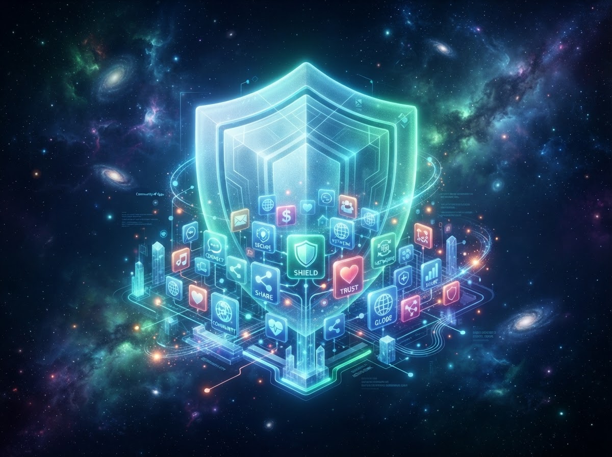 An abstract concept of digital safety — a glowing glass shield protecting a community of interconnected app cards in cosmic space