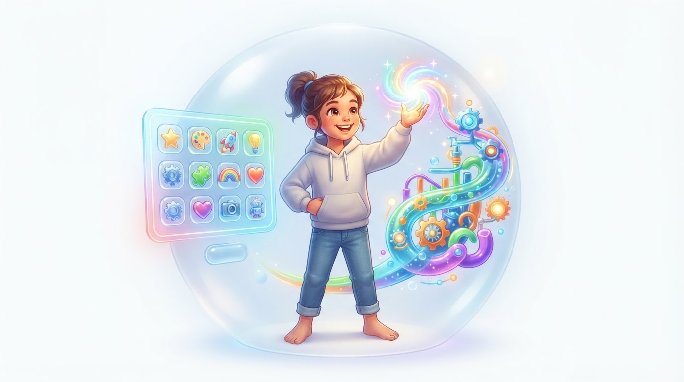 A confident young creator directing their own colourful project with a protective glass glow