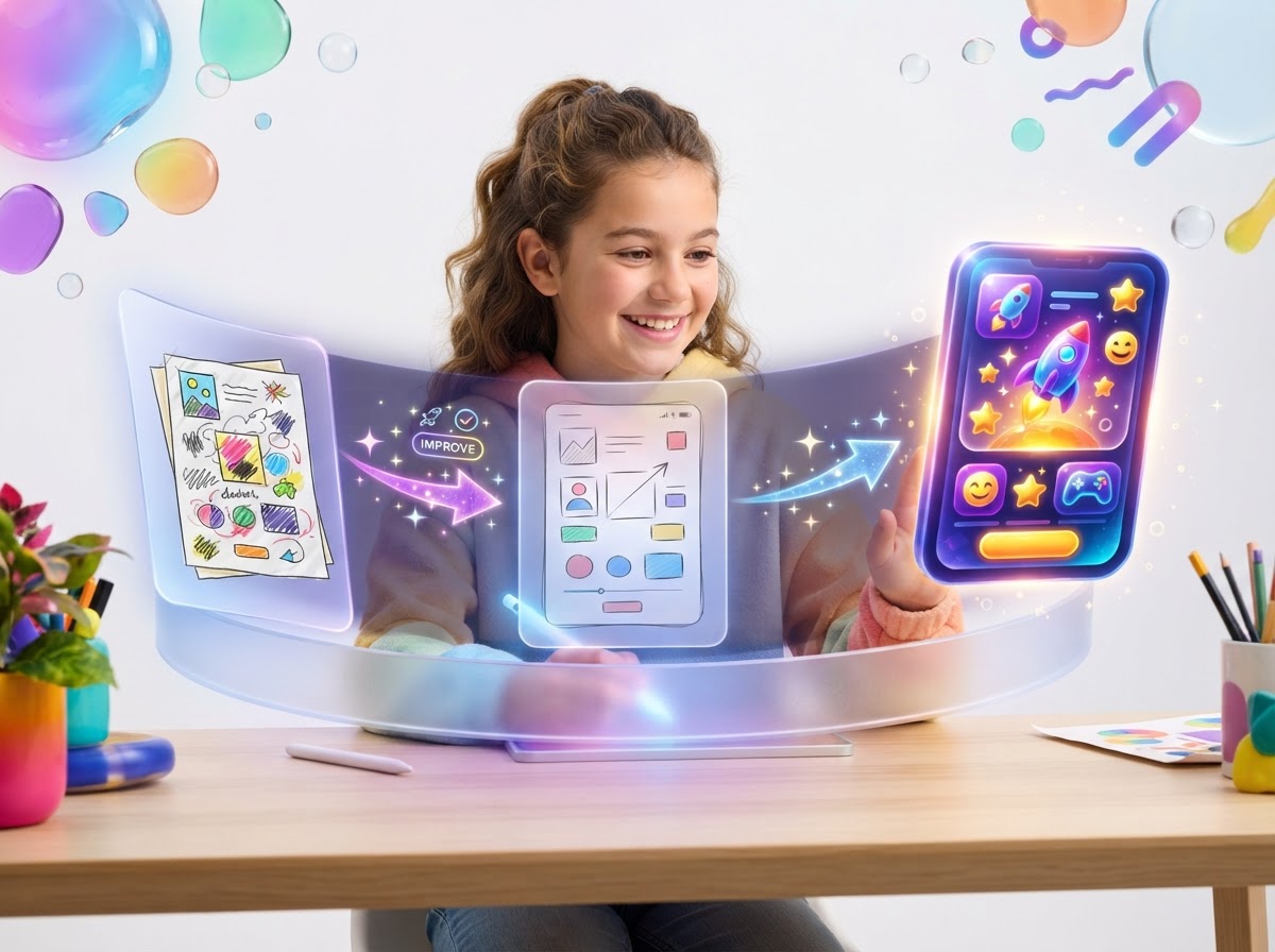 A child improving a draft app card through several glowing versions until it shines
