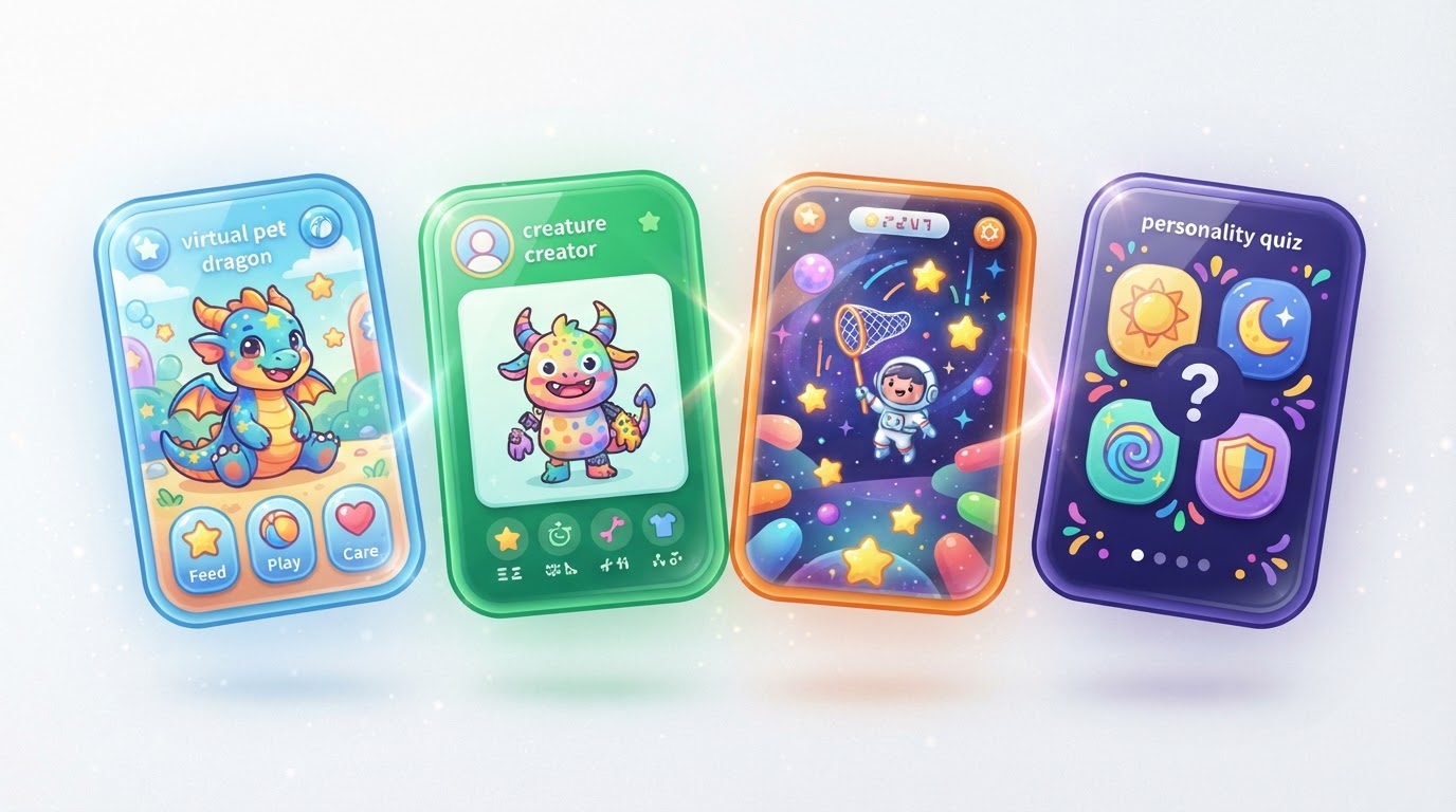 A collection of colourful kid-made apps shown as glossy glass cards
