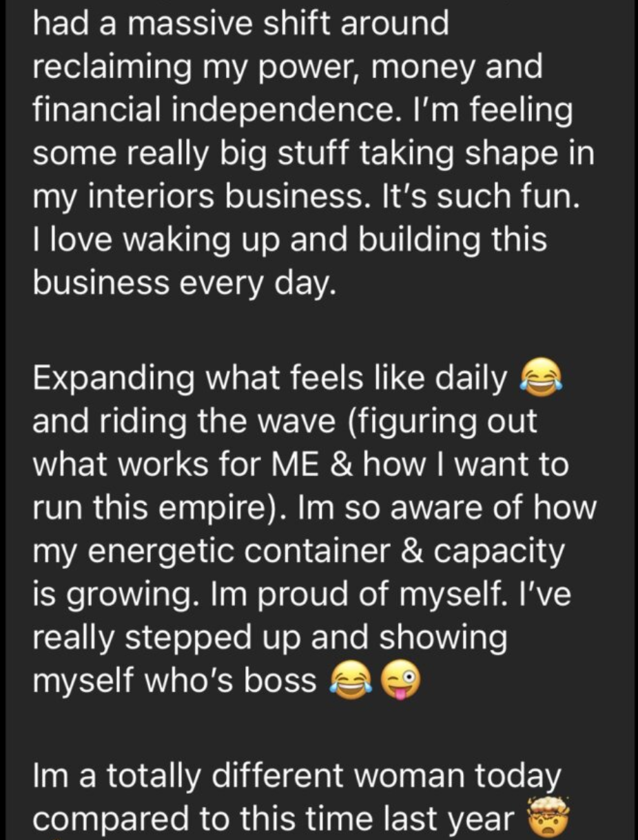 Client review: Massive shift around reclaiming my power, money and financial independence.