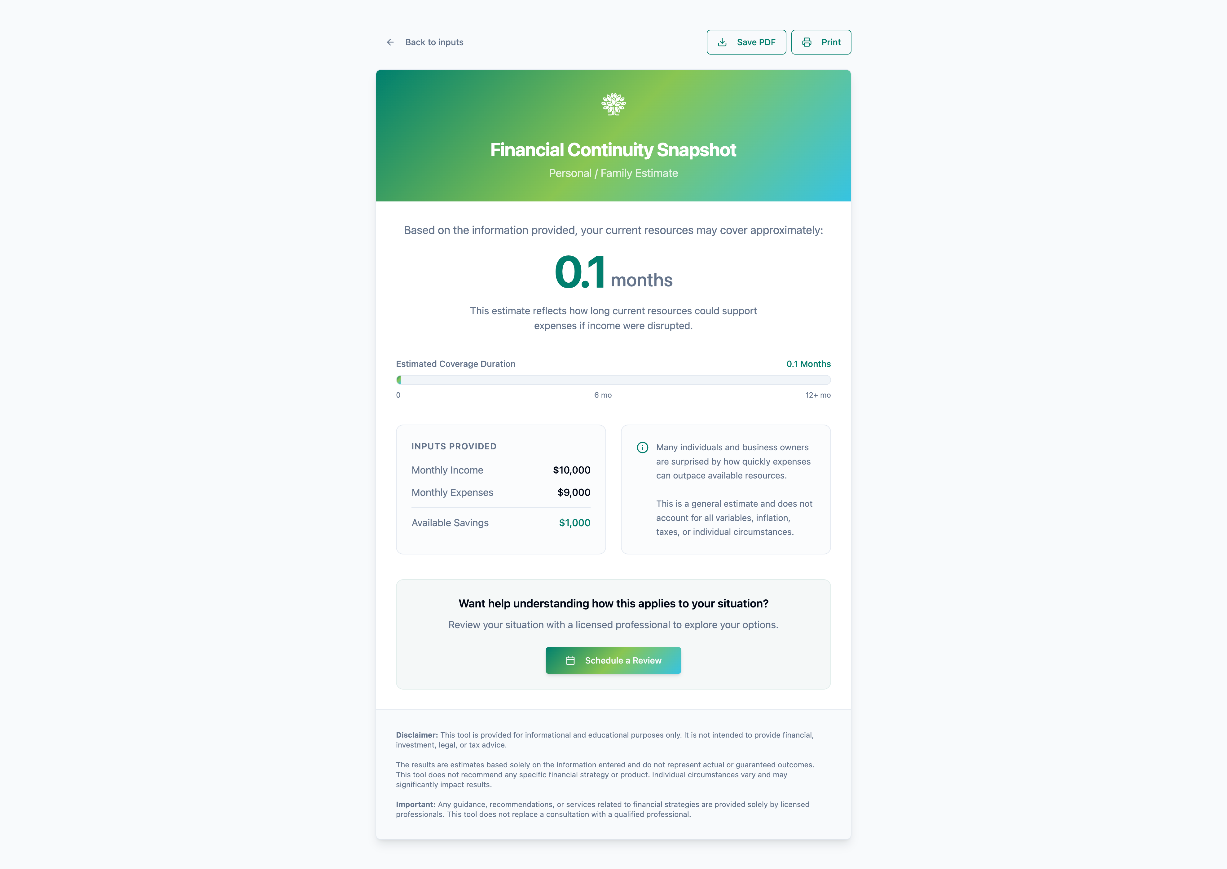 Financial Continuity Results Screen