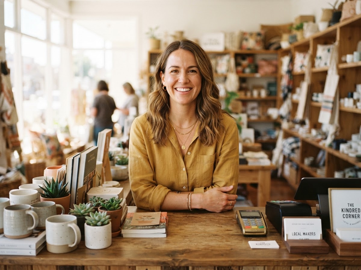 A confident local business owner behind her shop counter