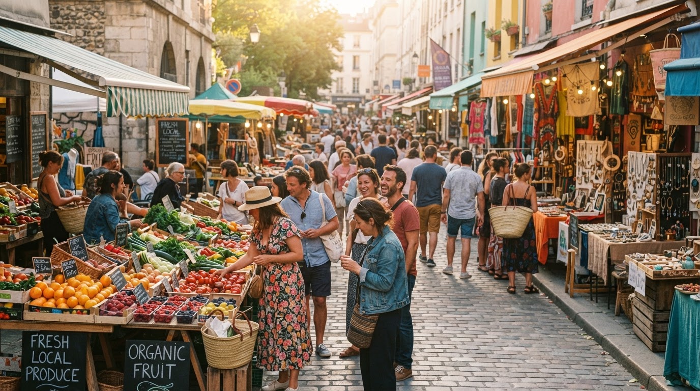 A vibrant open-air urban market with colourful stalls