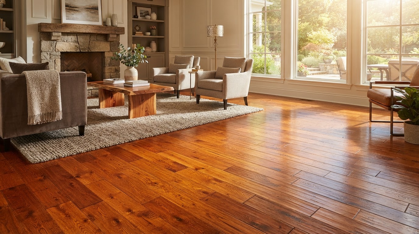 Beautifully restored hardwood floor in a sunlit room